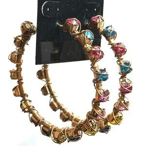 Beaded Wire‑Wrapped Hoop Earrings – Pink/Blue/Amber Mix